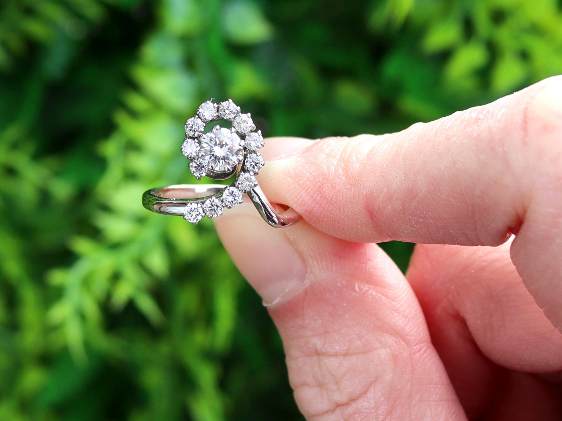 A fine and impressive vintage 0.97 carat diamond and 18 karat white gold cocktail ring; part of our diverse antique jewelry and estate jewelry collections.

This fine and impressive vintage 1940s diamond dress ring has been crafted in 18k white