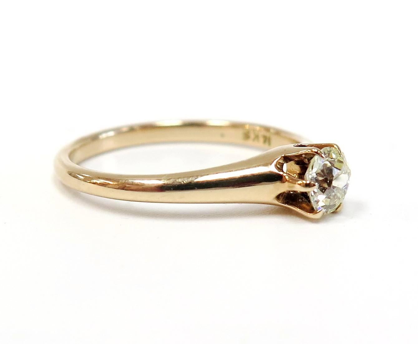 Understated elegance with extreme sparkle!

Rare 1940's 14 karat Rose Gold Engagement Ring has exceptional sparkle!

Old European Cut Diamond: 0.34 carat, Color: J-K (Color much whiter in person), Clarity: VS

Size 7 - we can size it for you.