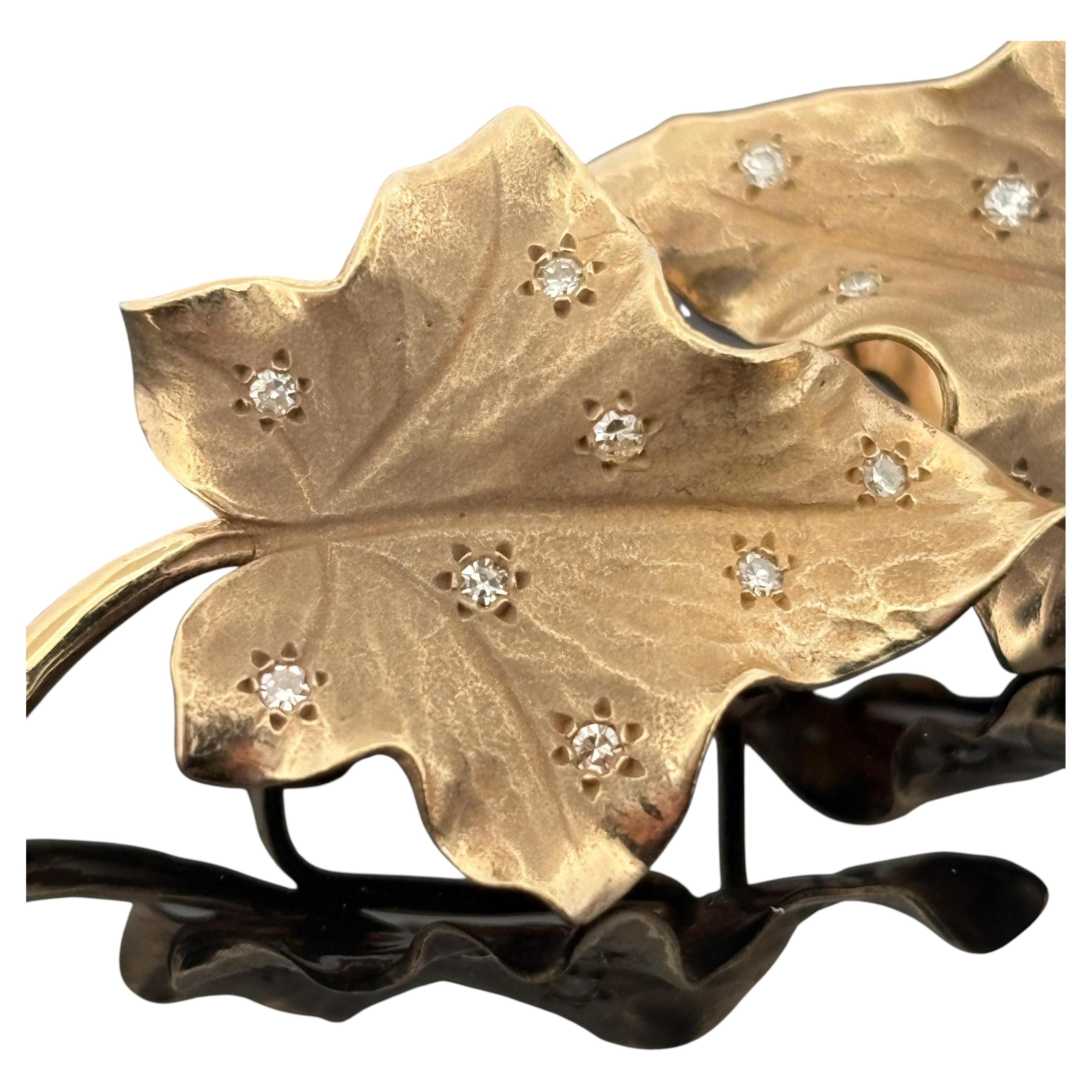 Vintage 1940s Diamond-Studded Leaf Large Earrings 14k Gold