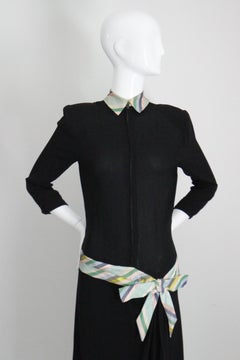 Vintage 1940's Dress Black Crepe Silk Pastel Striped Bow Detail UK 10 US 6