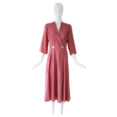 Vintage 1940's Dressing Gown 1940's Red & Cream Pattern Robe UK 8-10 US 4-6