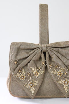 Vintage 1940's Embroidered Bow Wristlet Handbag Beaded Floral Purse