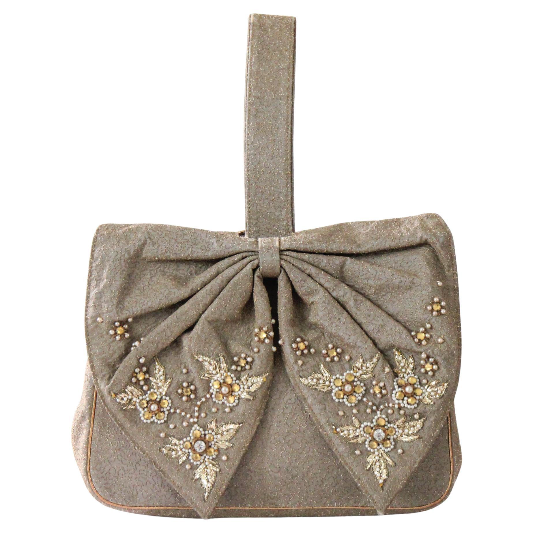 Vintage 1940
s gestickte Schleife Armband Handtasche Beaded Floral Geldbörse