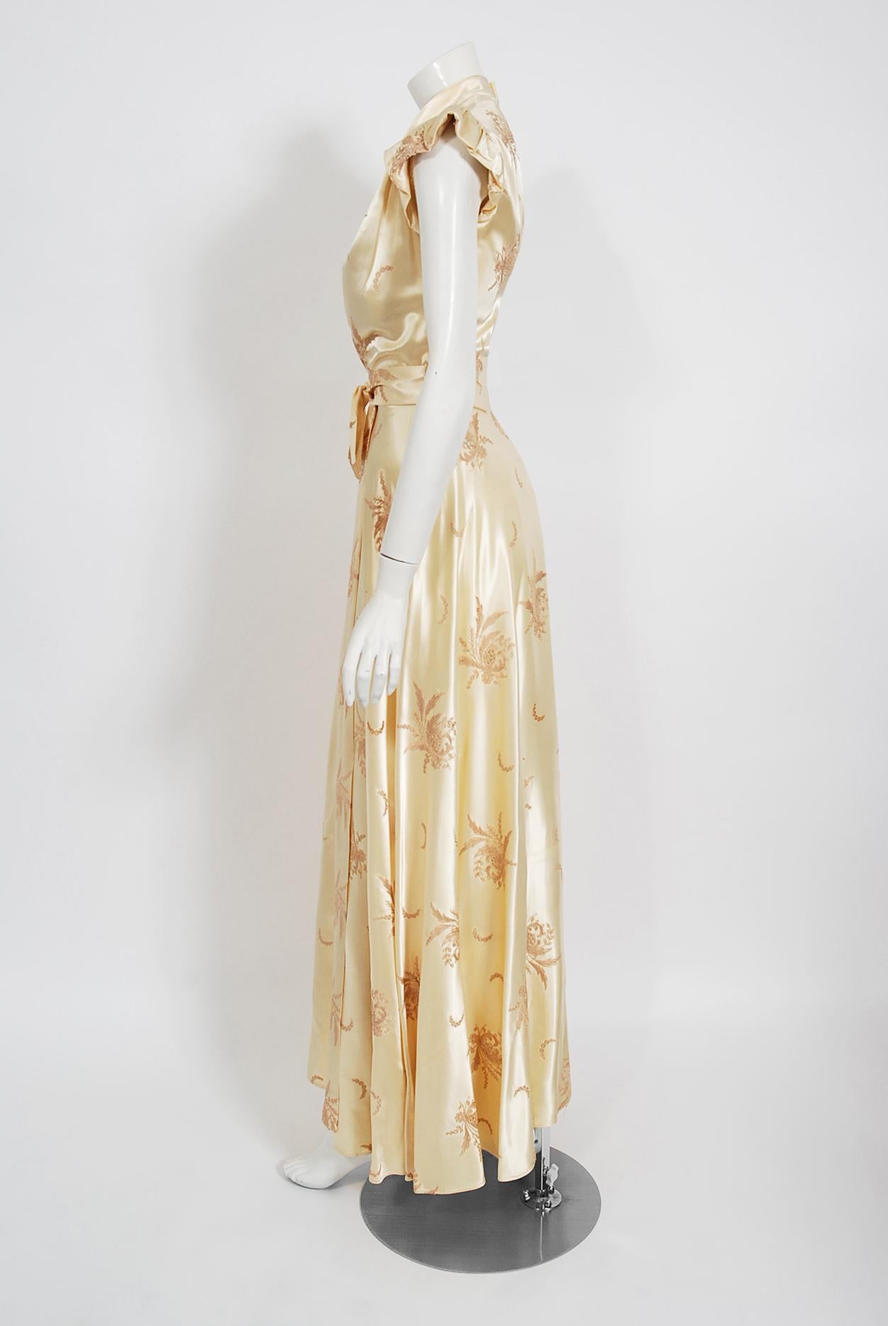 Beige Vintage 1940's Embroidered Creme Silk Satin Belted Wrap Bridal Dressing Gown