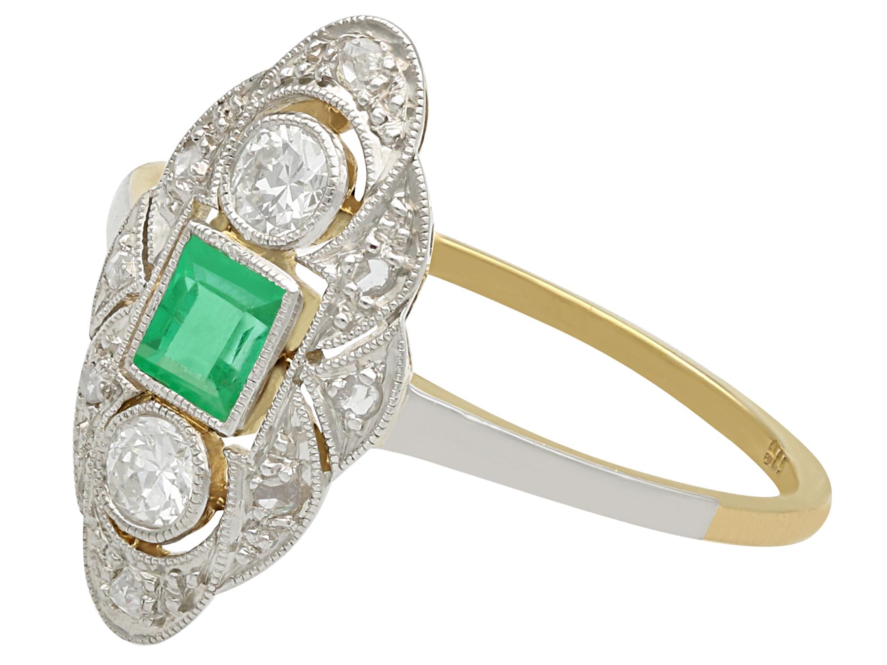 Square Cut Vintage 1940s Emerald and Diamond Yellow Gold Marquise Ring