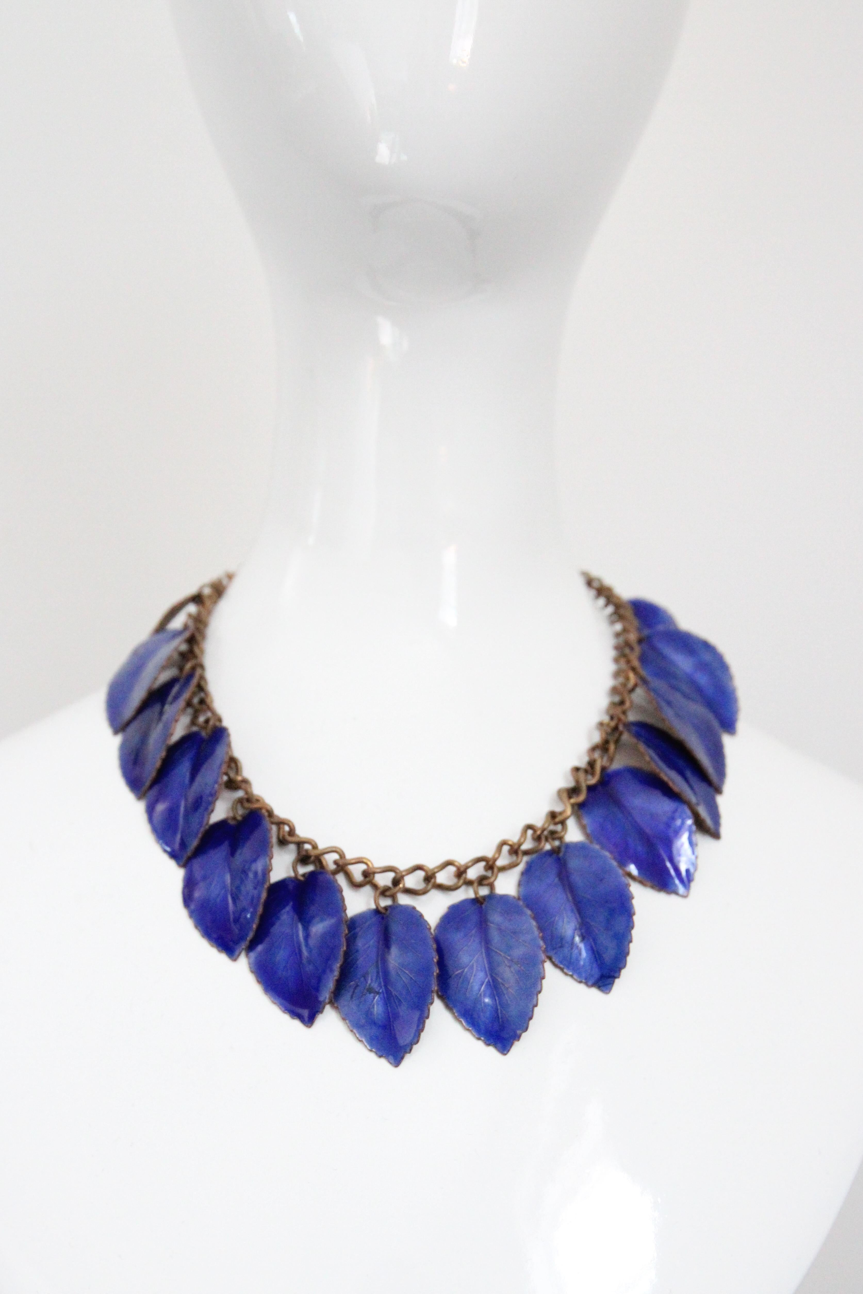 Art Deco Vintage 1940's Enamel and Copper Lapis Blue Leaf Necklace charm necklace For Sale
