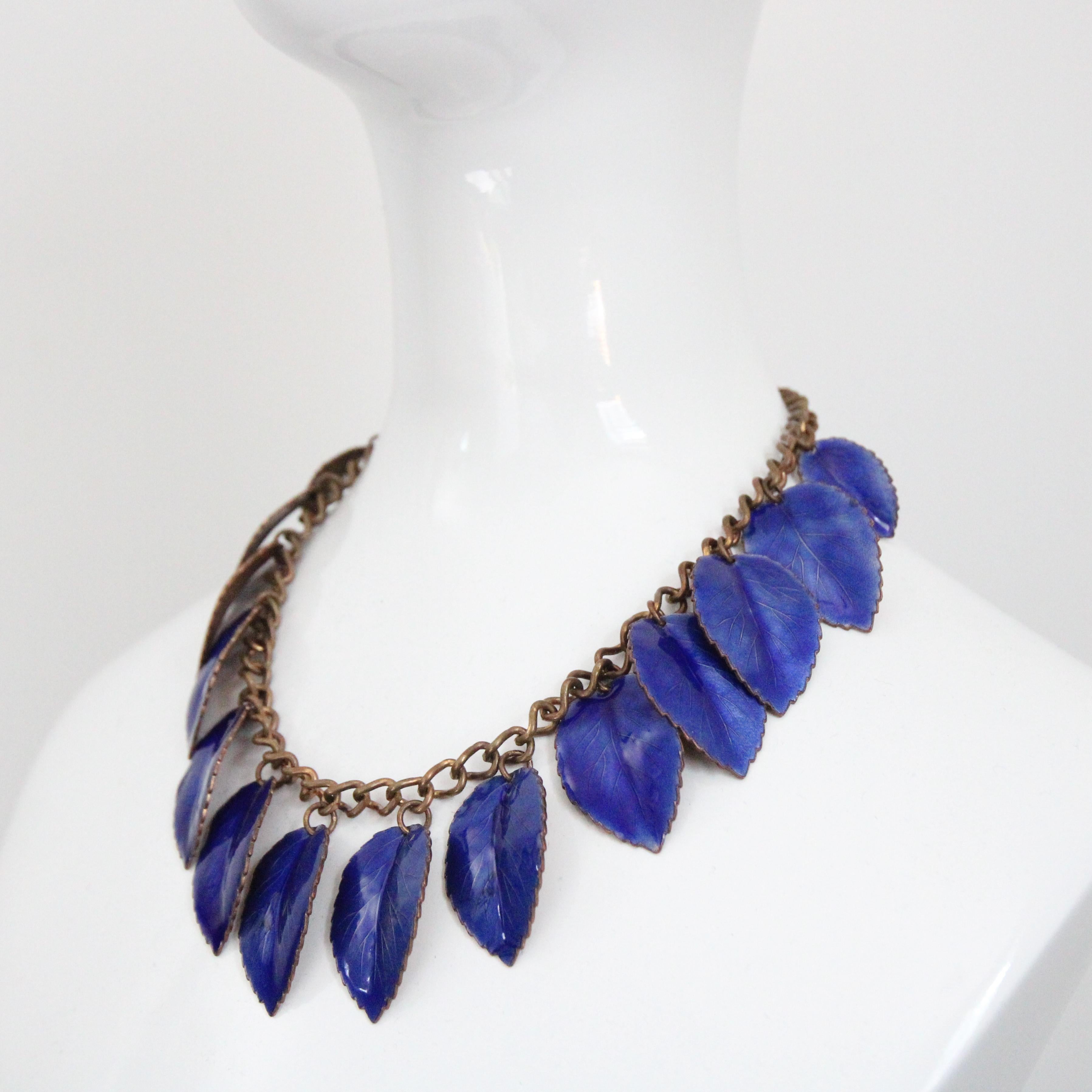 Women's or Men's Vintage 1940's Enamel and Copper Lapis Blue Leaf Necklace charm necklace For Sale