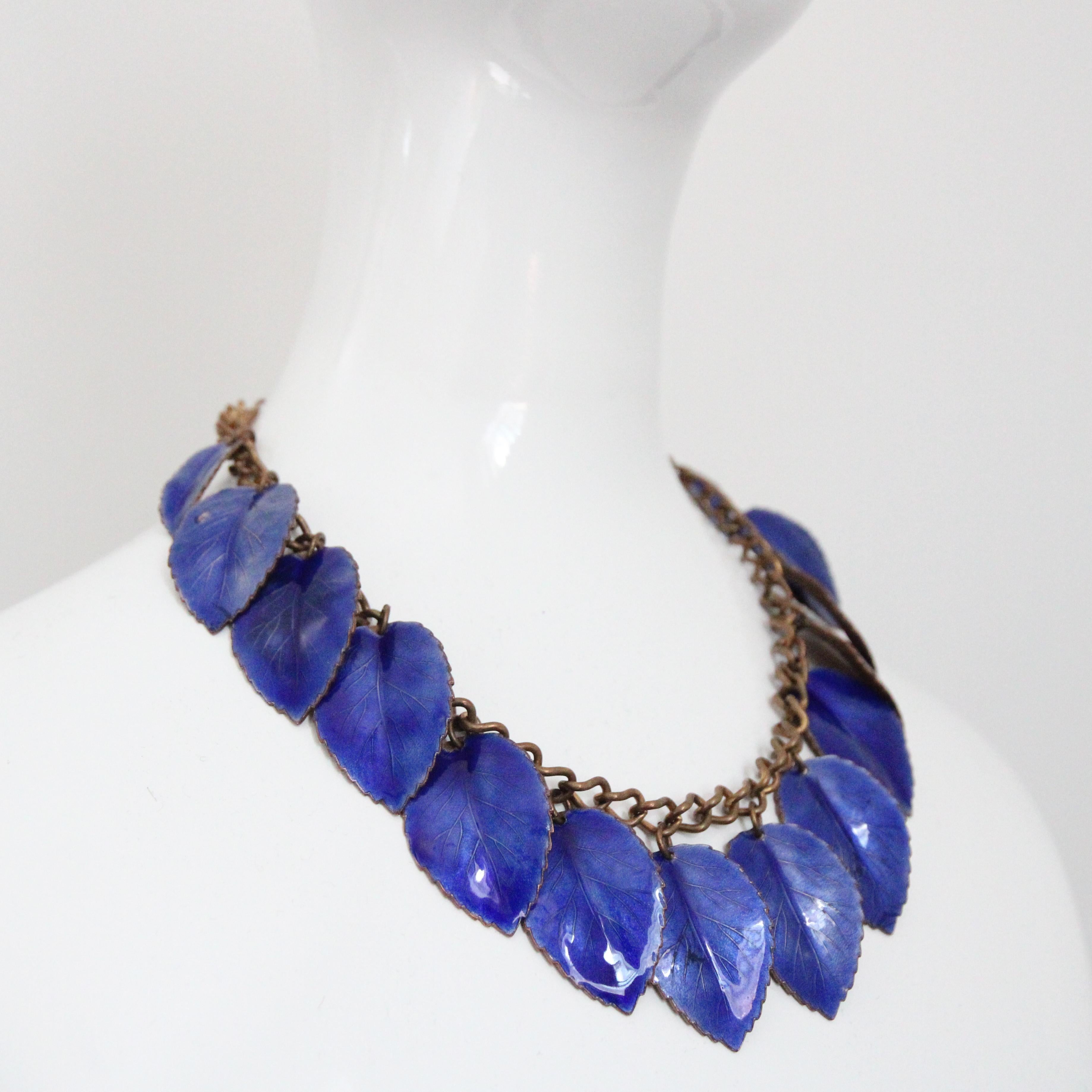 Vintage 1940's Enamel and Copper Lapis Blue Leaf Necklace charm necklace For Sale 1