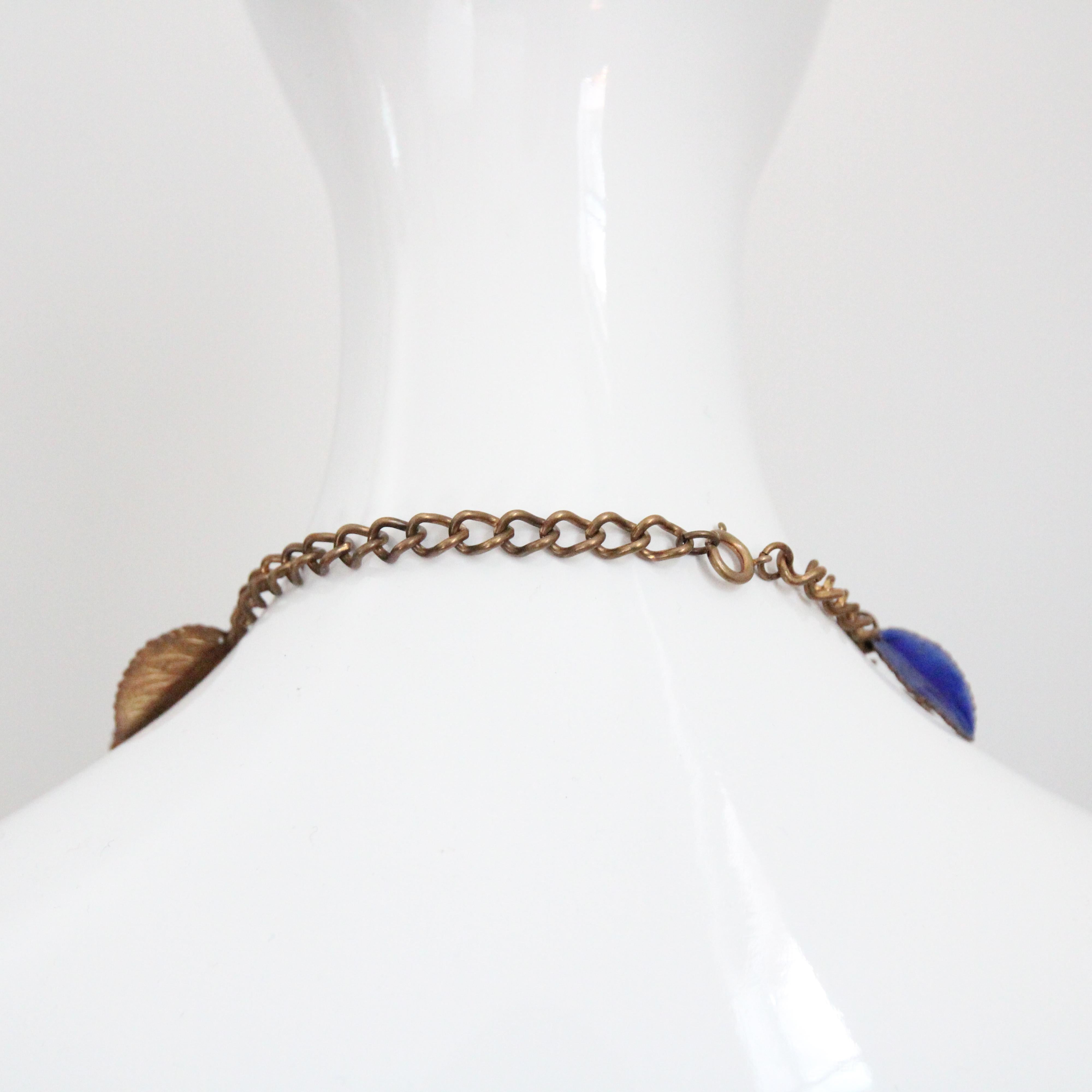 Vintage 1940's Enamel and Copper Lapis Blue Leaf Necklace charm necklace For Sale 3