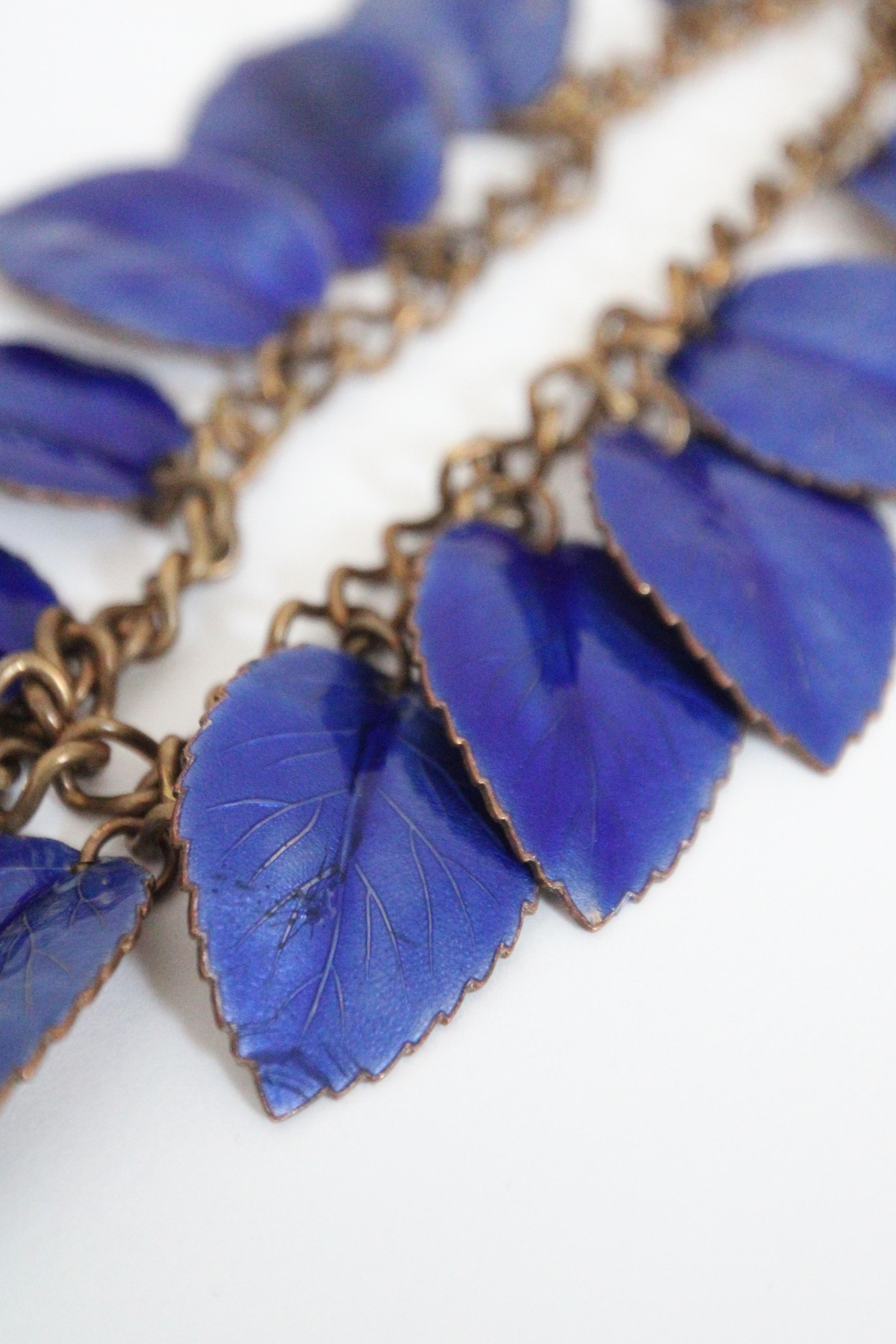 Vintage 1940's Enamel and Copper Lapis Blue Leaf Necklace charm necklace For Sale 4