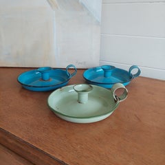Vintage 1940s Enamelled Metal Chambersticks Candle Holders Candlesticks, Set of