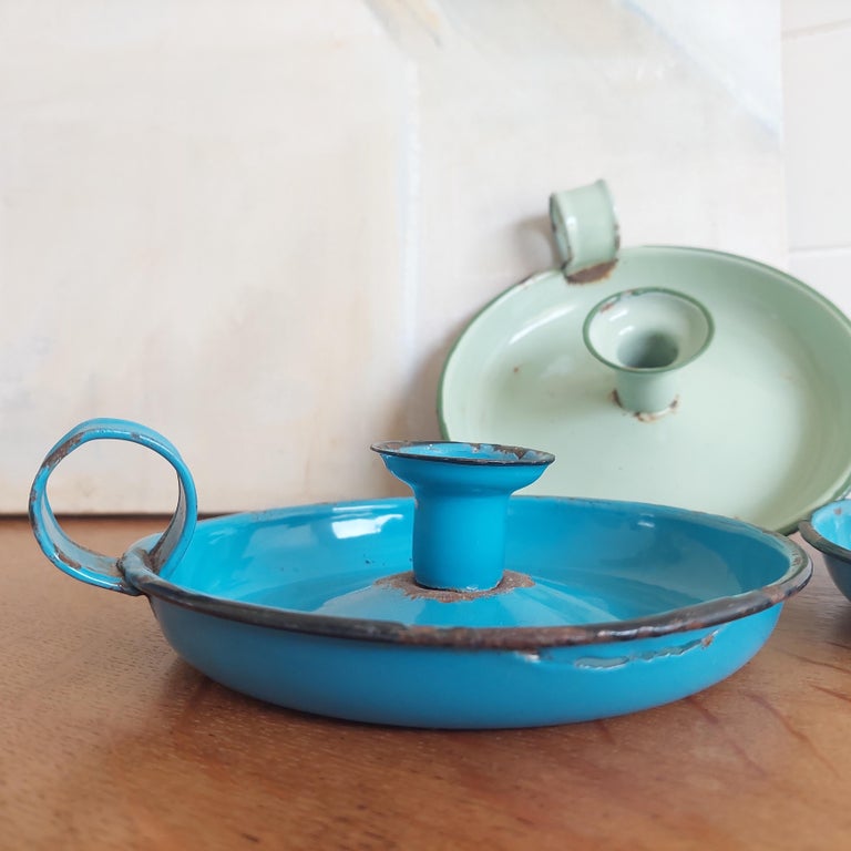 Vintage 1940s Enamelled Metal Chambersticks Candle Holders Candlesticks