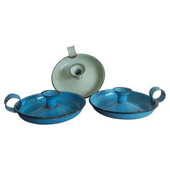 Vintage 1940s Enamelled Metal Chambersticks Candle Holders Candlesticks, Set of Vintage 1940s Enamelled Metal Chambersticks Candle Holders Candlesticks, Set of
