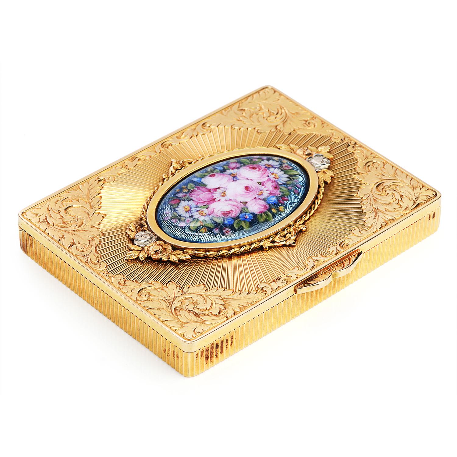 This European vintage 1940's Hand engraved gold box is crafted in solid 18-karat yellow gold it can be used to store your business cards, pills or tobacco, weighing 170.0 grams of 18k solid gold and measuring 3.1 inches x 2.5 inches x 10mm. It