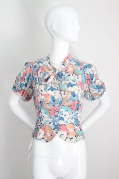 Vintage 1940's Floral Silk Blouse Pussy Bow Floral Shirt UK 10 US 6