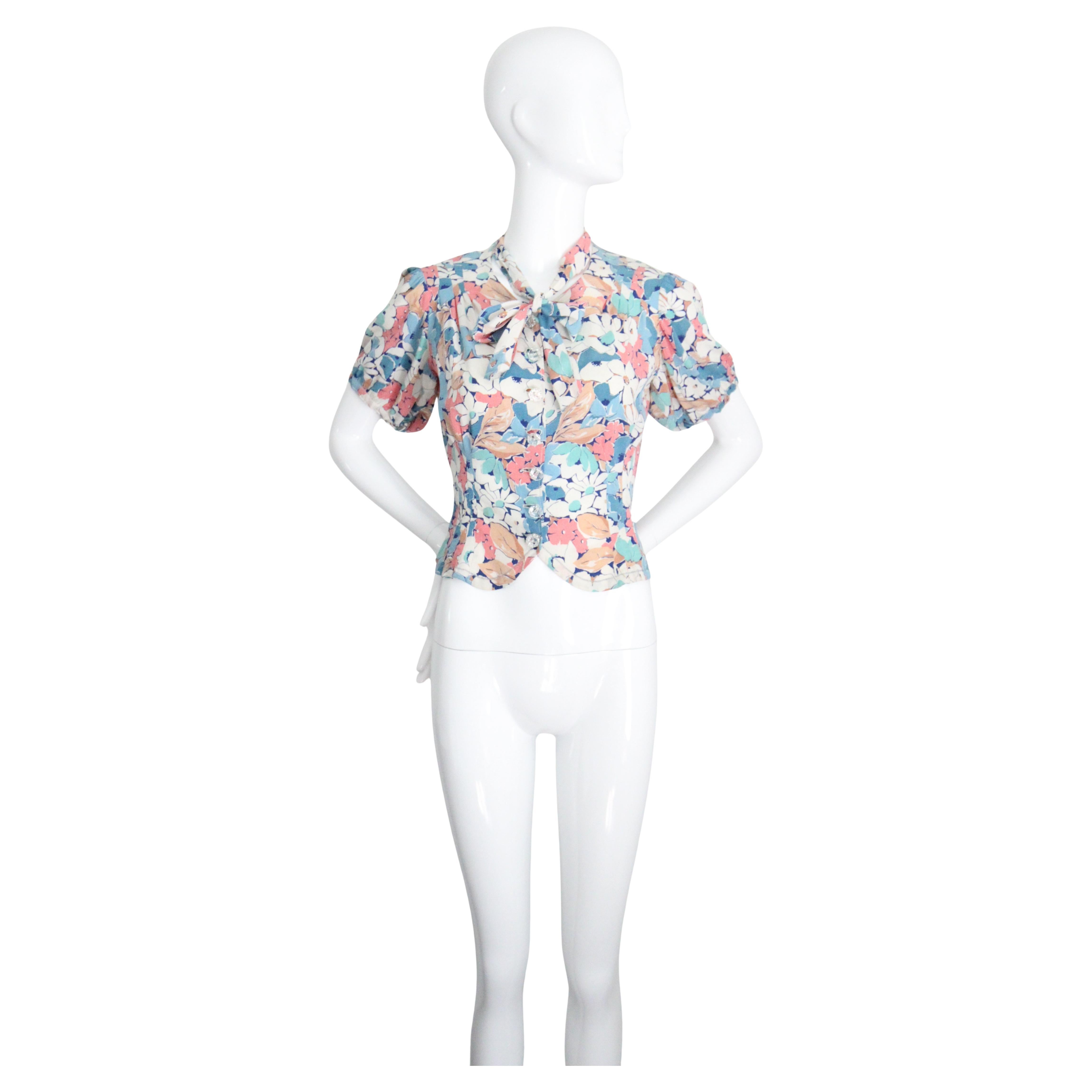 Vintage 1940's Floral Silk Blouse Pussy Bow Floral Shirt UK 10 US 6