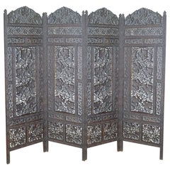 Vintage 1940s Folding Screen, 4-Panel, Teak, Pierced Fretwork Room Divider, Prop