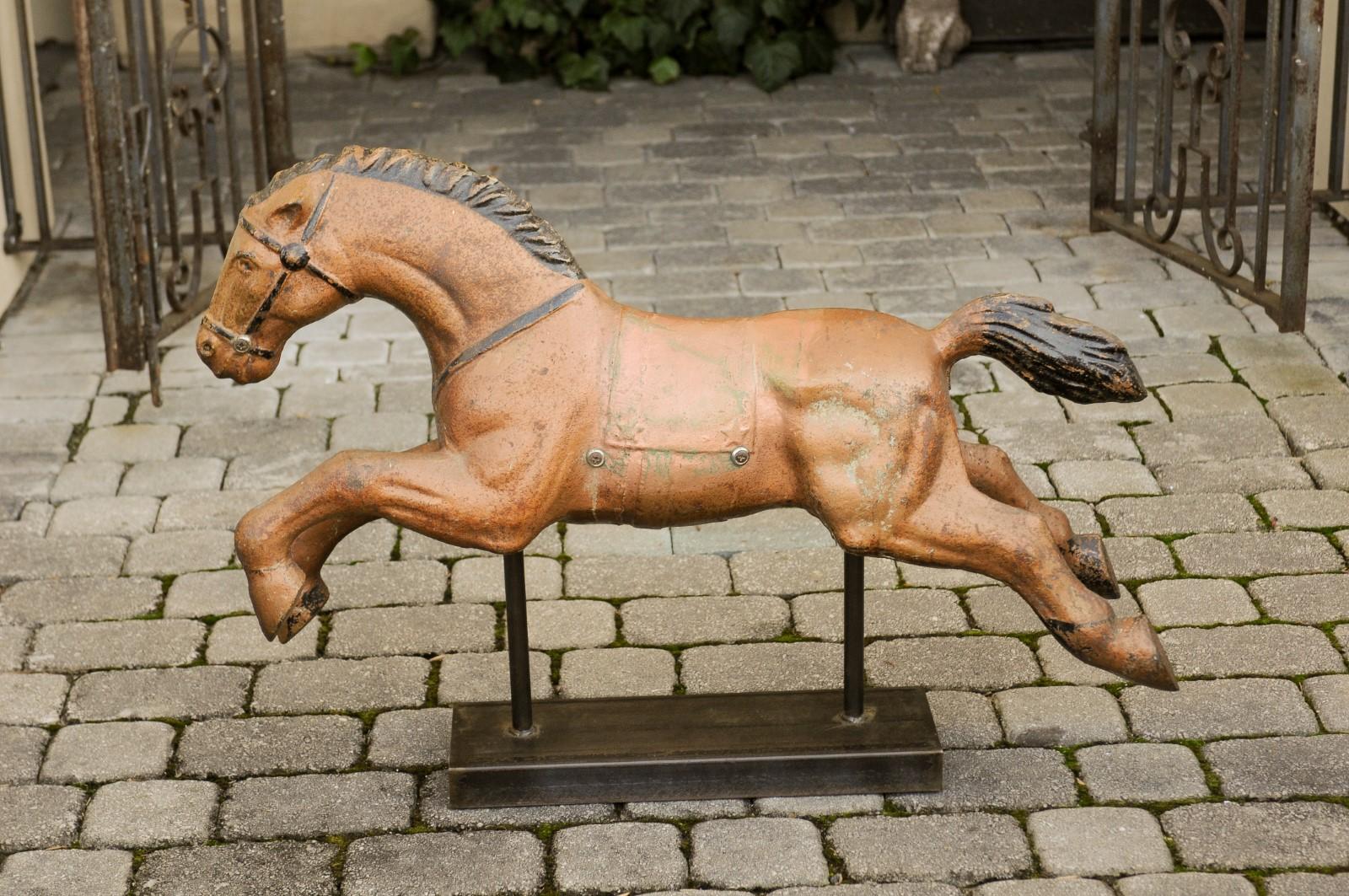 Vintage 1940s Folk Art Painted Iron Child Riding Horse Mounted on Custom Base For Sale 6
