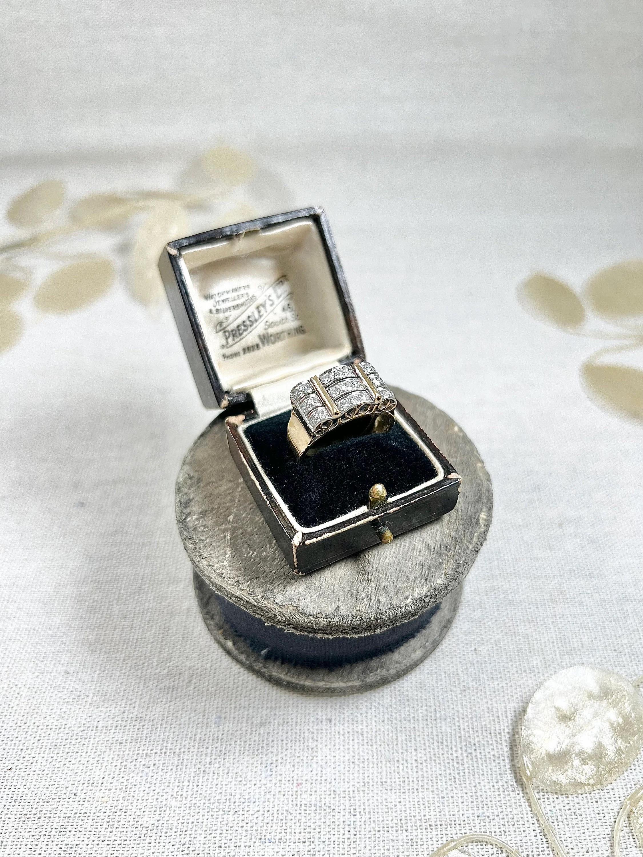Vintage 1940s French 18ct Yellow Gold & Platinum Diamond Cocktail Tank Ring For Sale 5