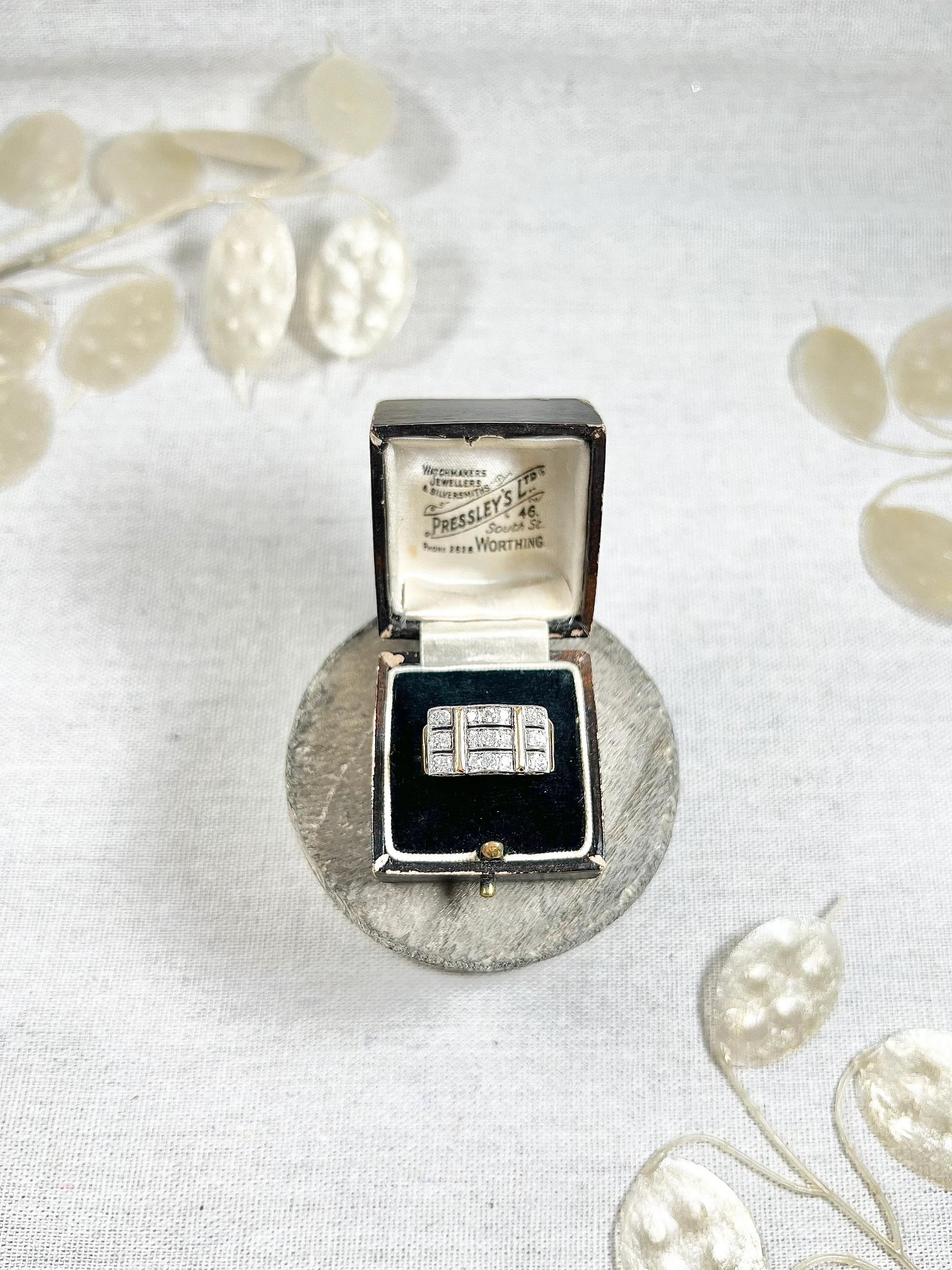 Vintage 1940s French 18ct Yellow Gold & Platinum Diamond Cocktail Tank Ring For Sale 6
