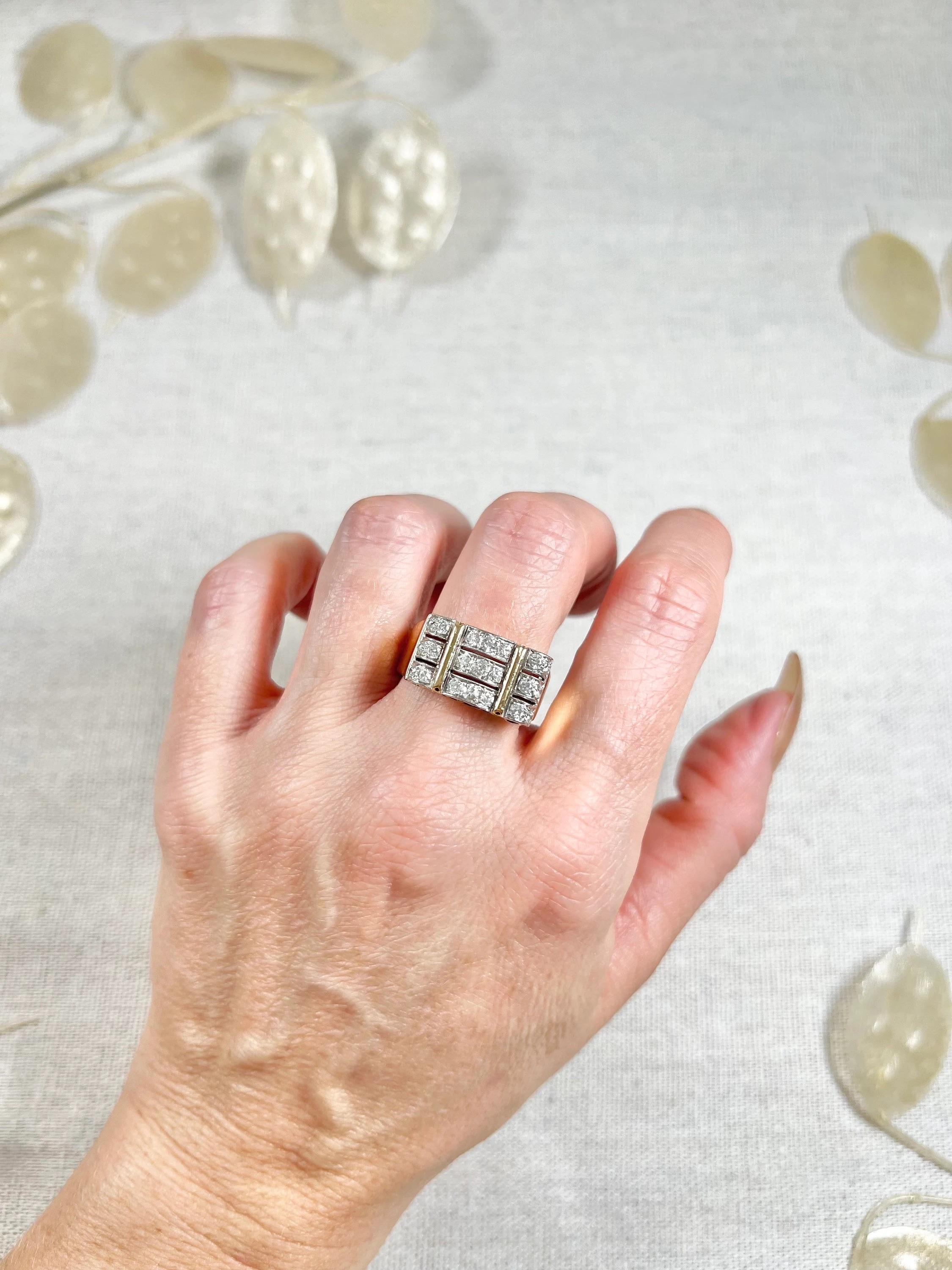 Bullet Cut Vintage 1940s French 18ct Yellow Gold & Platinum Diamond Cocktail Tank Ring For Sale
