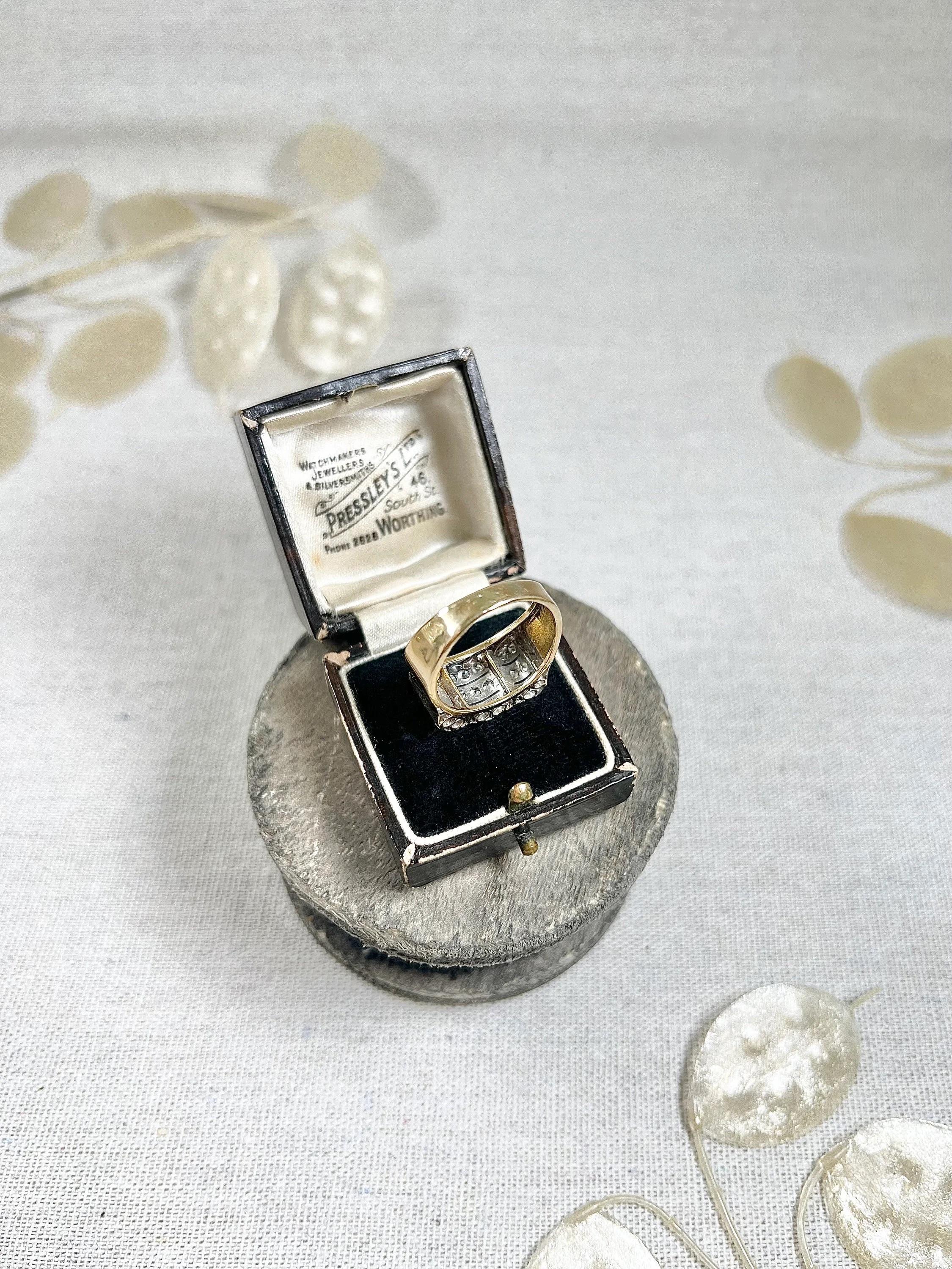 Vintage 1940s French 18ct Yellow Gold & Platinum Diamond Cocktail Tank Ring For Sale 4