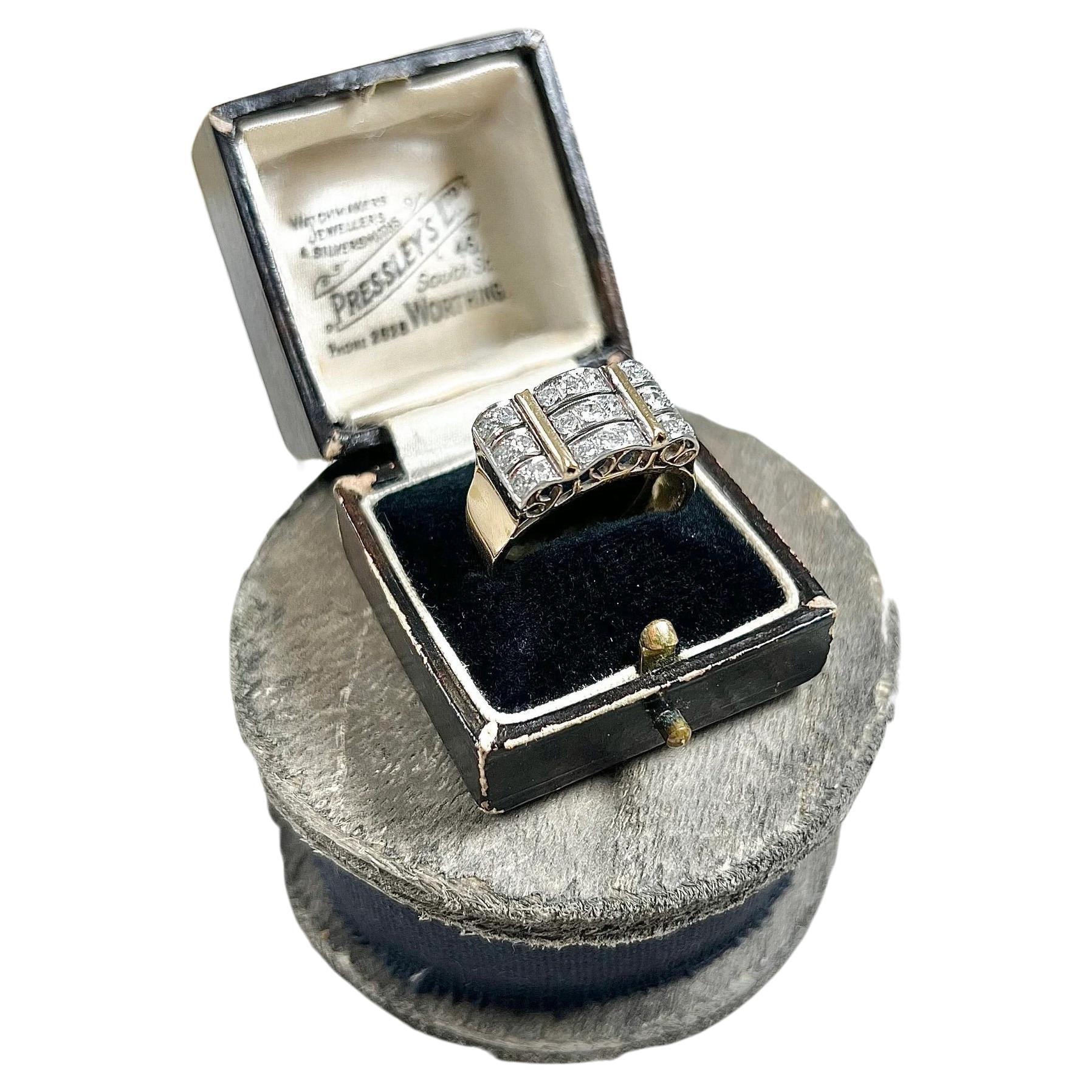 Bague débardeur française des années 1940 en or jaune 18 carats et platine avec diamants