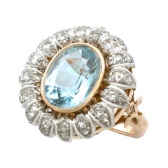 Vintage 1940s French 3.71 Carat Aquamarine and Diamond Yellow Gold Cluster Ring