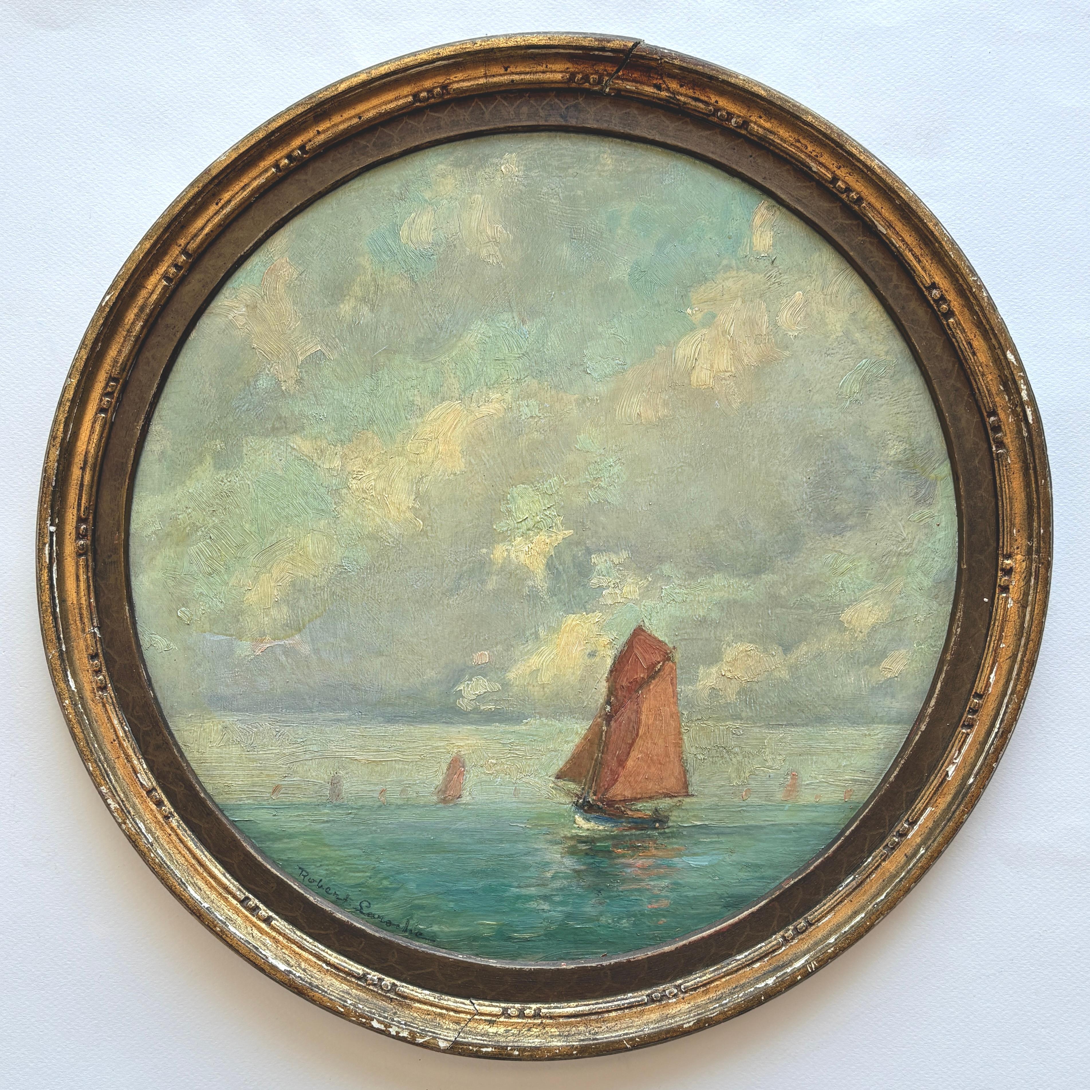 Ein wunderschönes, französisches Ölgemälde auf Holzplatte mit einer nautischen Szene aus der Stadt Sables d'Olonne an der Atlantikküste. Dieses originelle Kunstwerk ist nicht nur wegen seiner künstlerischen Qualität begehrt, sondern auch wegen