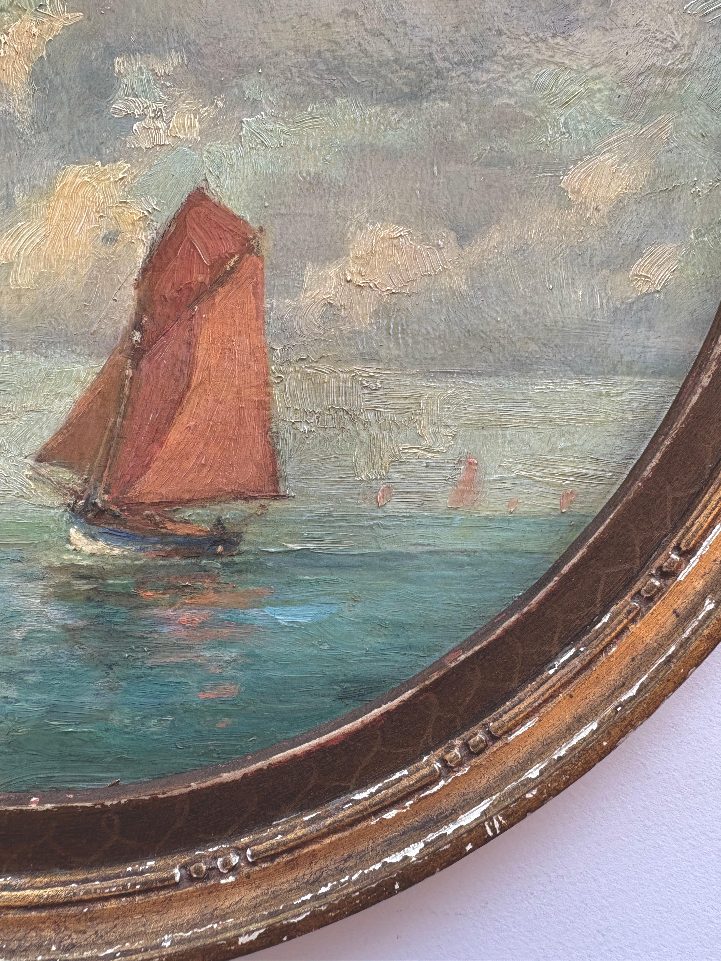 Vintage 1940s Französisch kreisförmige Ölgemälde von nautischen Szene von Robert Laroche im Angebot 1