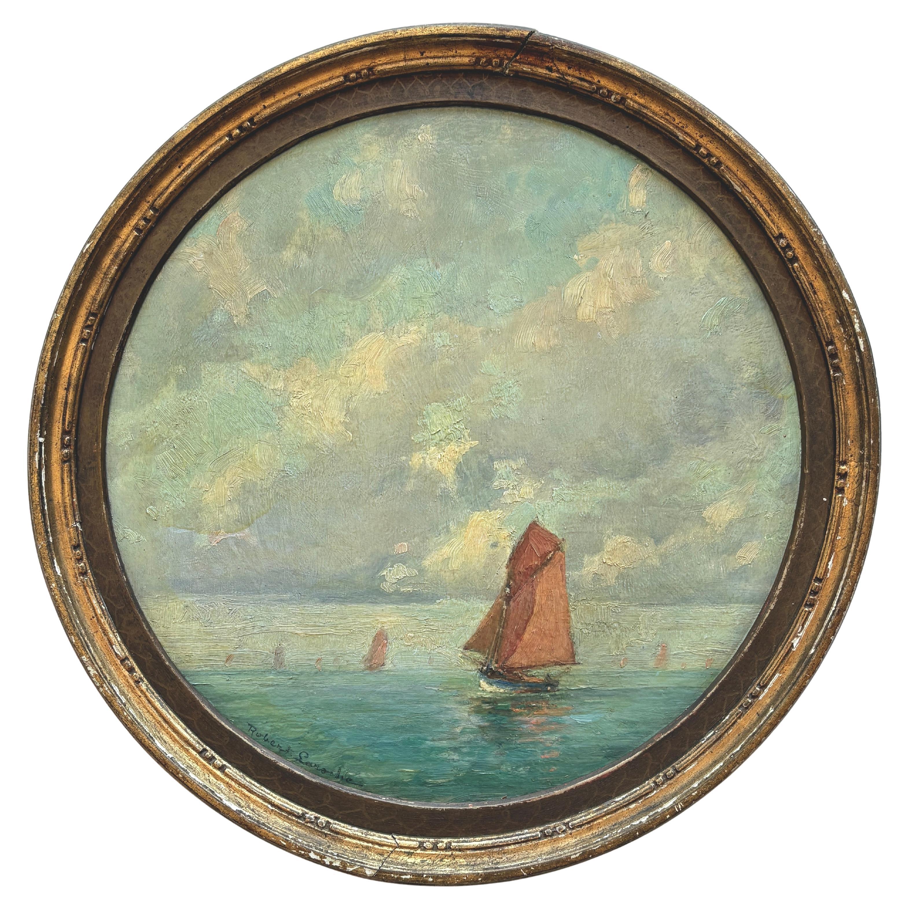 Vintage 1940s Französisch kreisförmige Ölgemälde von nautischen Szene von Robert Laroche im Angebot