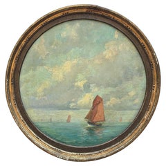 Vintage 1940s French Circular Oil Painting of Nautical Scene by Robert Laroche