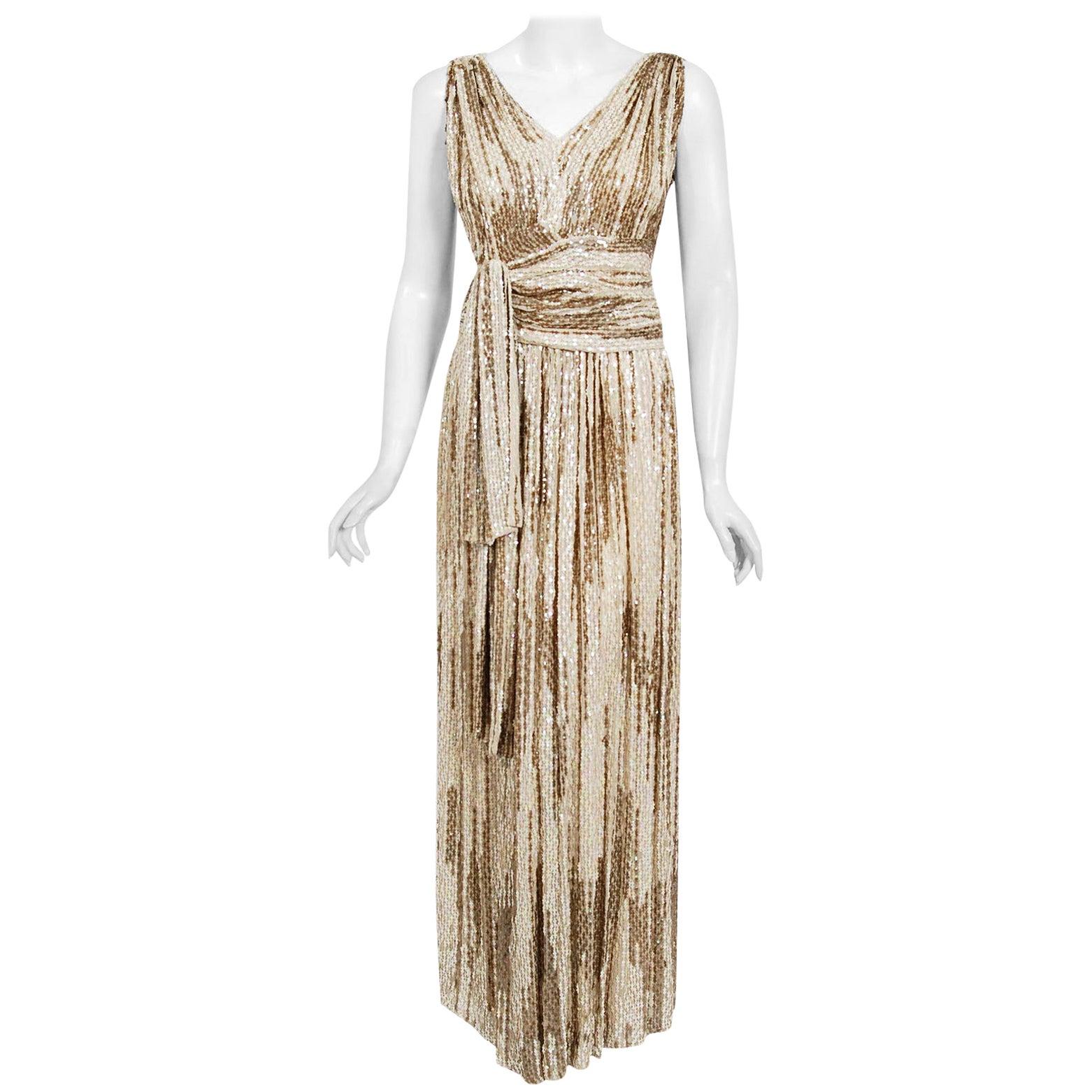Vintage 1940's French Couture Iridescent Ivory Gold Sequin Silk Draped Gown