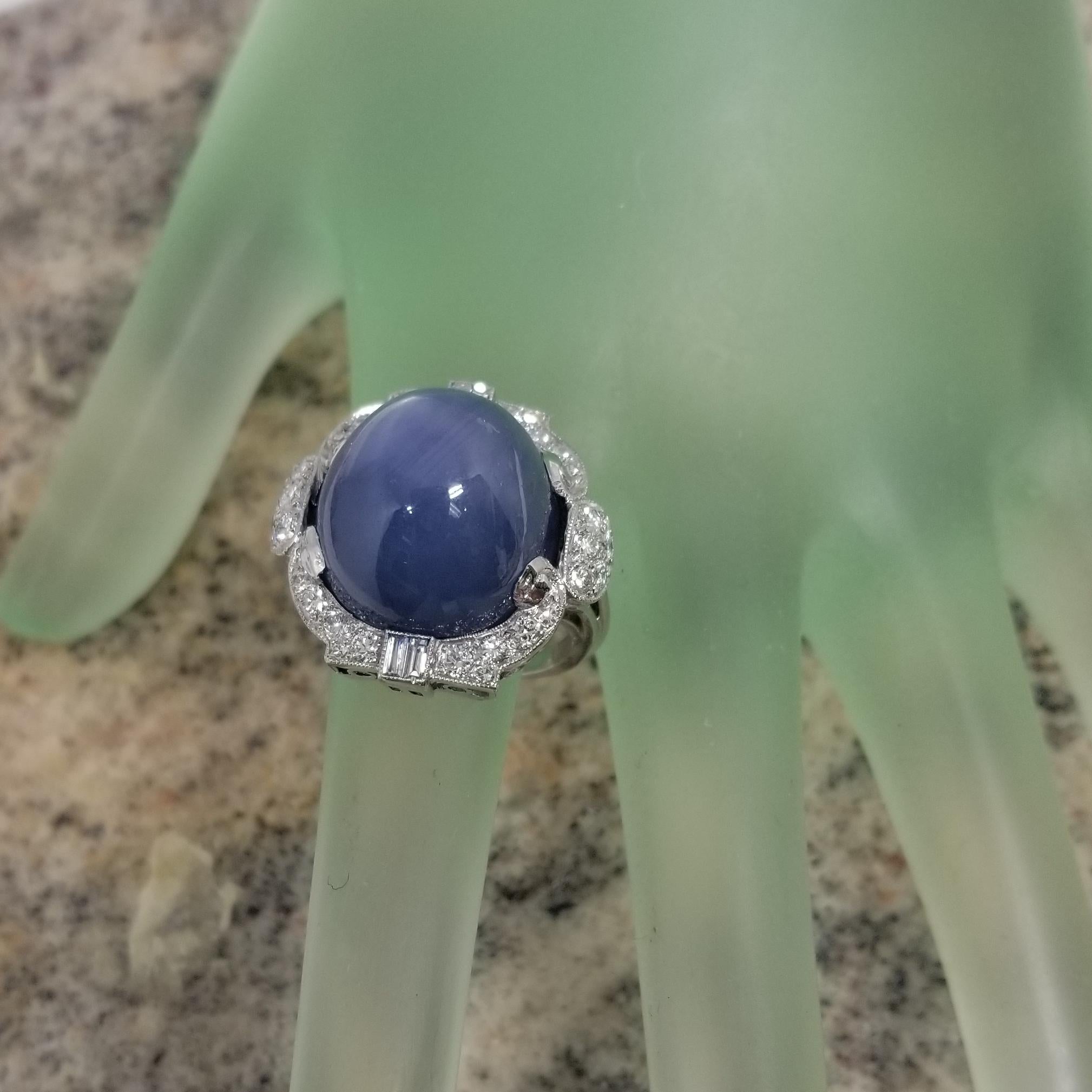 Vintage 1940's GIA Certified 39.77cts. Blue Star Sapphire and Diamond Ring In Excellent Condition For Sale In Los Angeles, CA