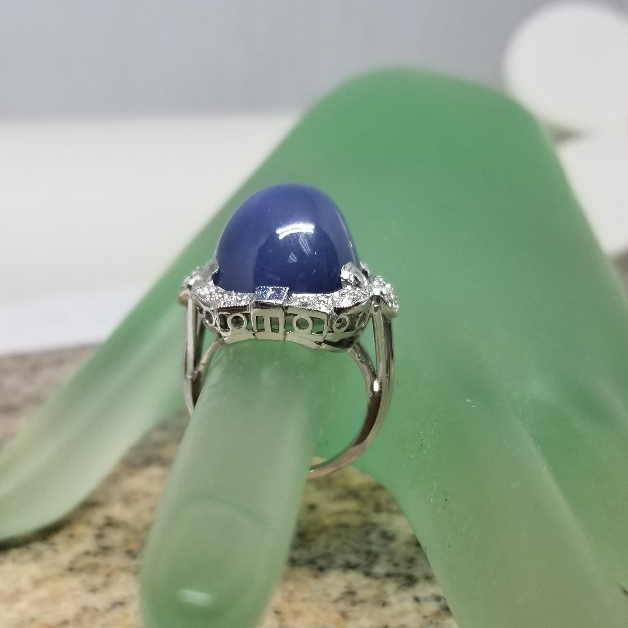 Women's or Men's Vintage 1940's GIA Certified 39.77cts. Blue Star Sapphire and Diamond Ring For Sale
