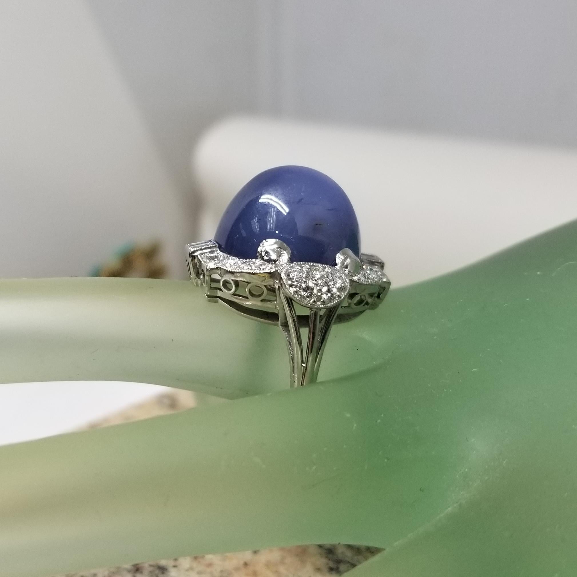 Vintage 1940's GIA Certified 39.77cts. Blue Star Sapphire and Diamond Ring For Sale 1