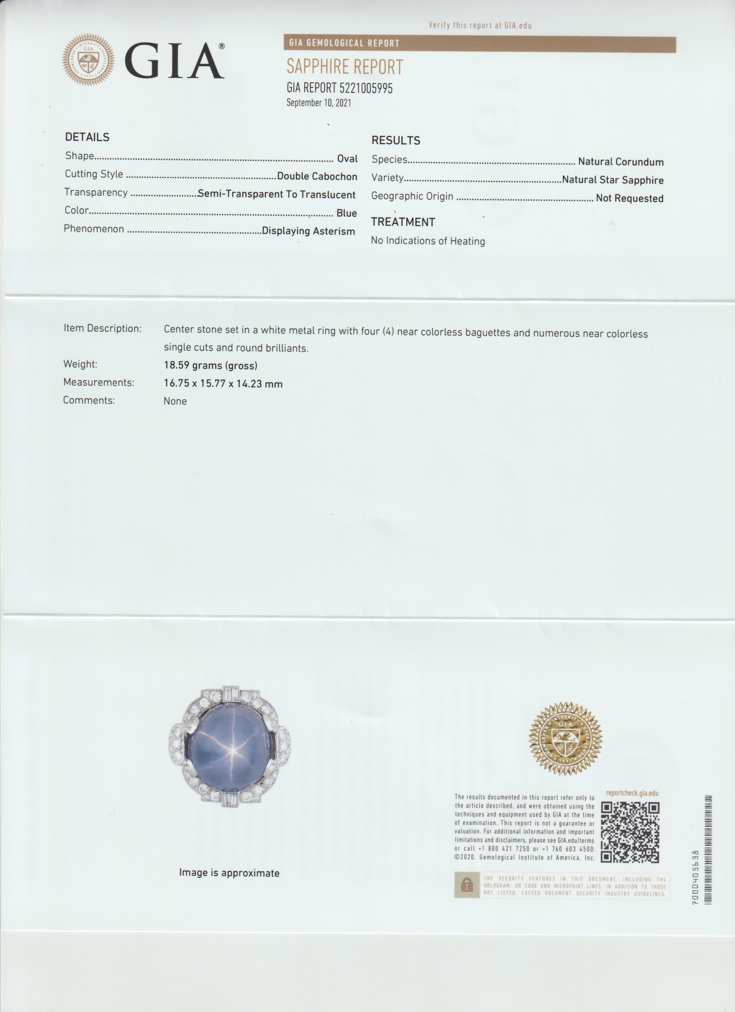 Vintage des années 1940, certifié GIA, 39,77 carats. Bague étoile bleue en saphir et diamant en vente 3