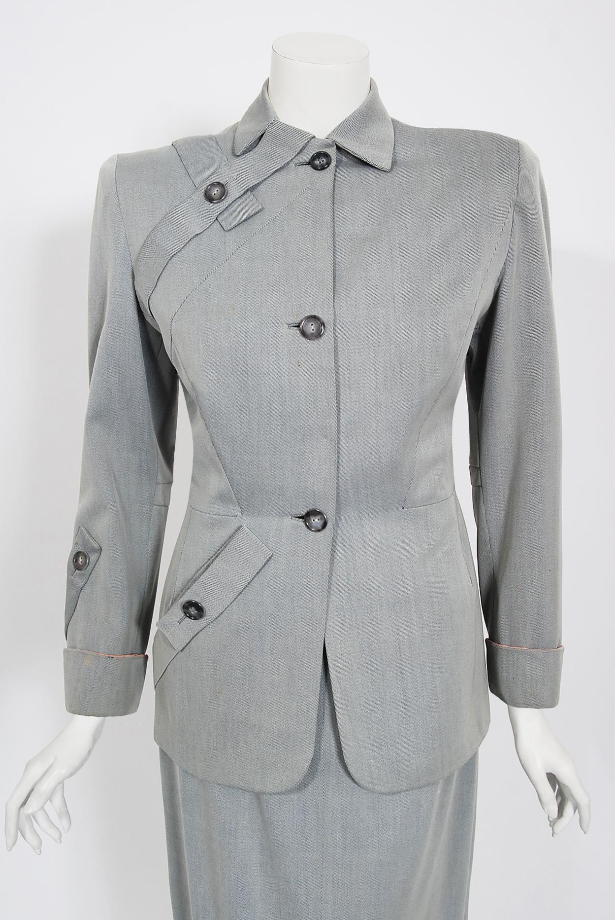 Spectacular Gilbert Adrian two-piece skirt suit dating back to the mid 1940's. He created the signature looks for the great Hollywood divas such as Garbo, Shearer, Crawford, Garland, and Harlow. Adrian took into account the actress as well as the