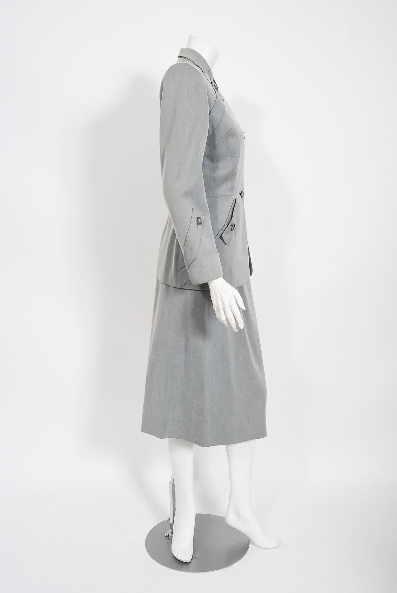 Gray Vintage 1940's Gilbert Adrian Light Blue Gabardine Asymmetric Noir Jacket Suit