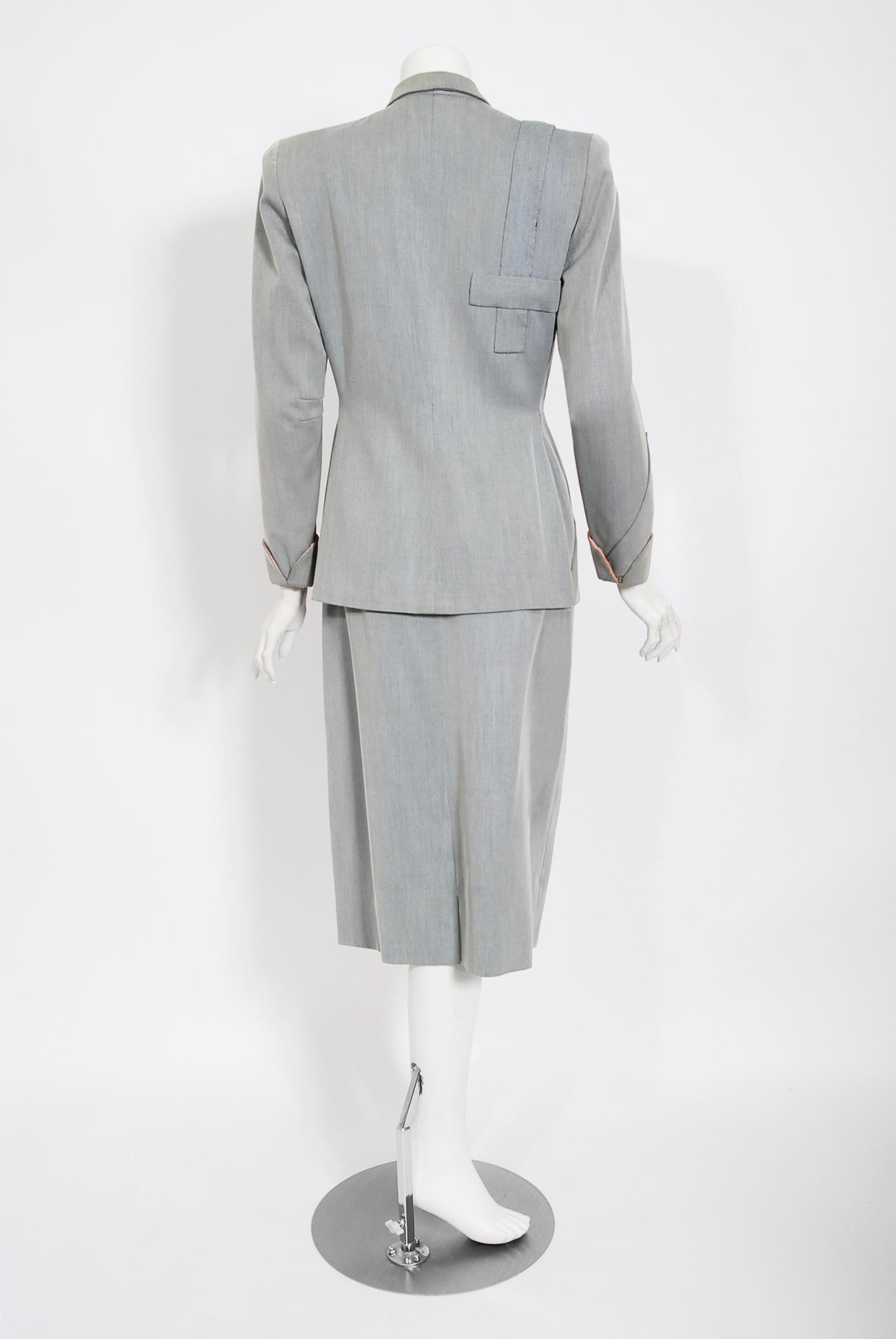 Women's Vintage 1940's Gilbert Adrian Light Blue Gabardine Asymmetric Noir Jacket Suit