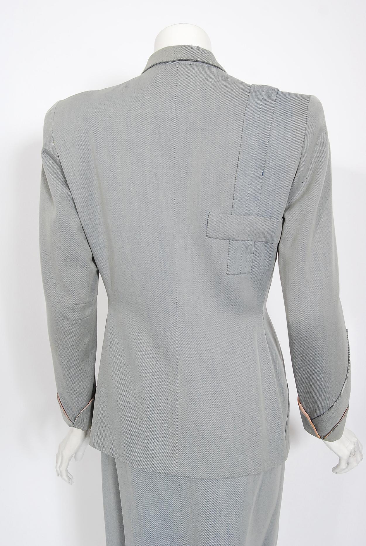 Vintage 1940's Gilbert Adrian Light Blue Gabardine Asymmetric Noir Jacket Suit 1