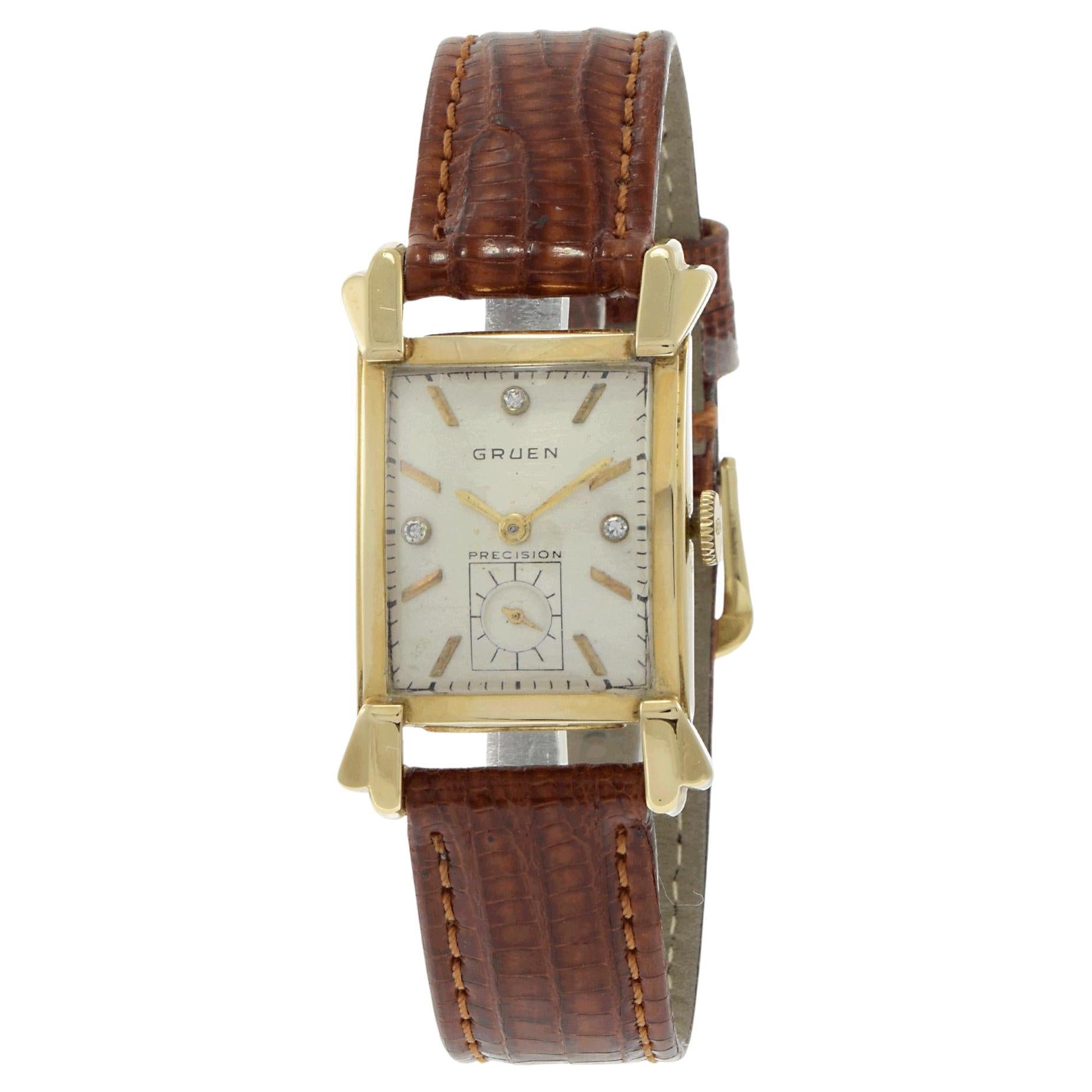 Vintage 1940s Gruen 14K Yellow Gold Tank Style Watch For Sale