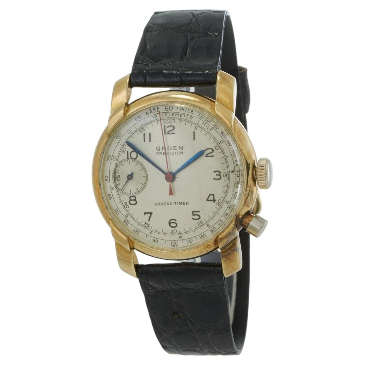 Reloj Gruen Precision «Chrono-Timer» de los años 40, con cronógrafo de un solo contador y de 14KT en venta