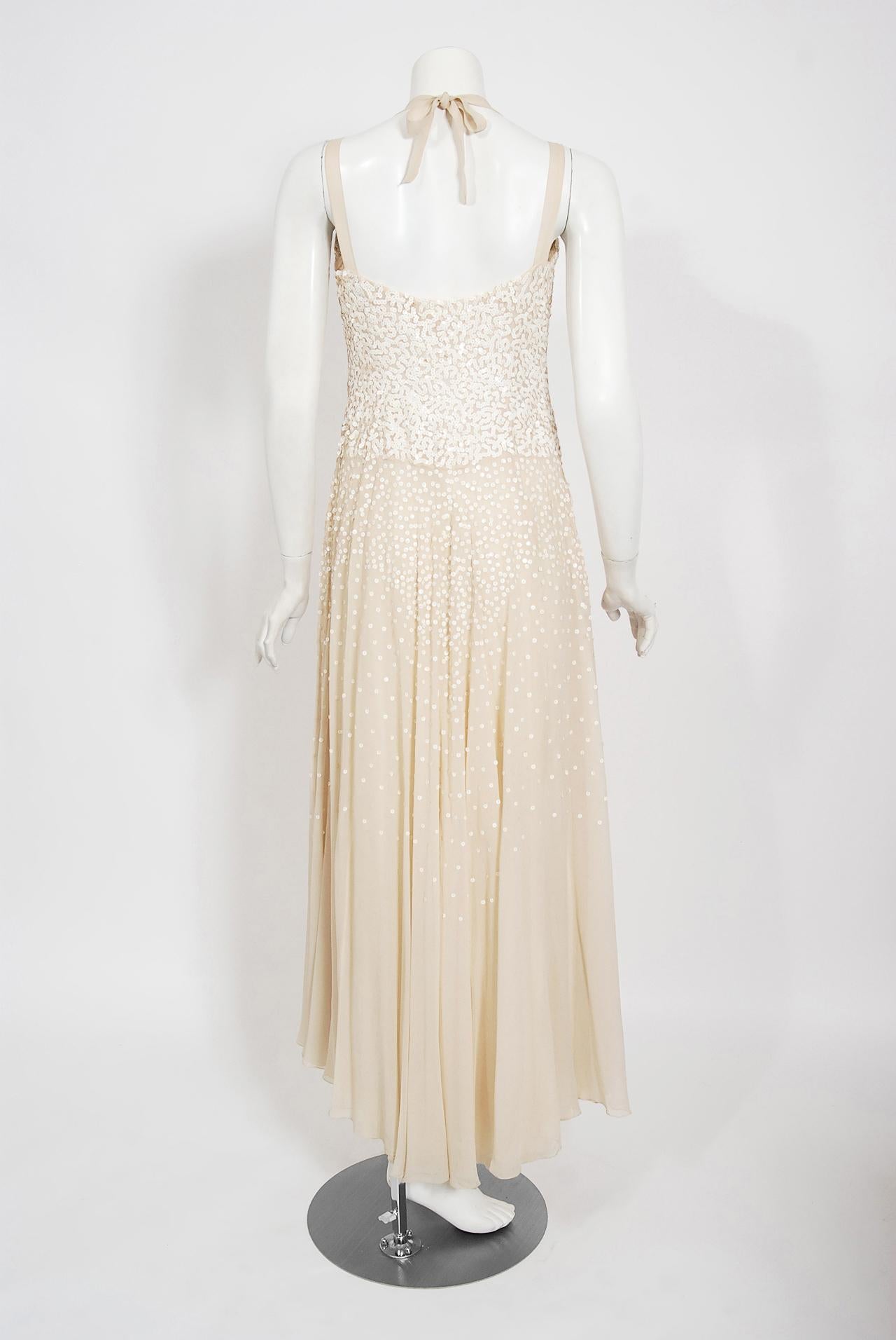 Vintage 1940's Harry Cooper of Hollywood Ivory Sequin Chiffon Halter Bridal Gown For Sale 2