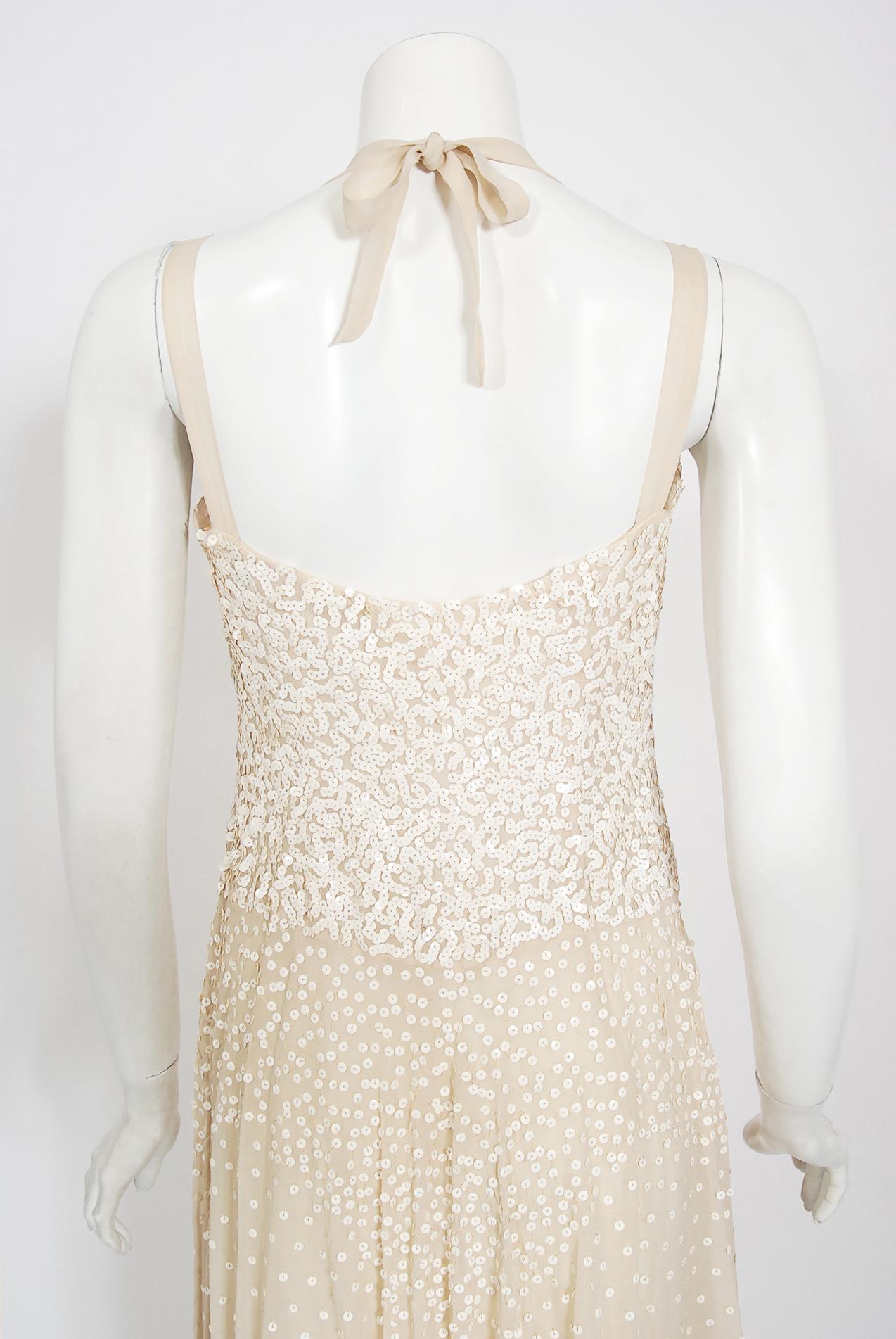 Vintage 1940's Harry Cooper of Hollywood Ivory Sequin Chiffon Halter Bridal Gown For Sale 3