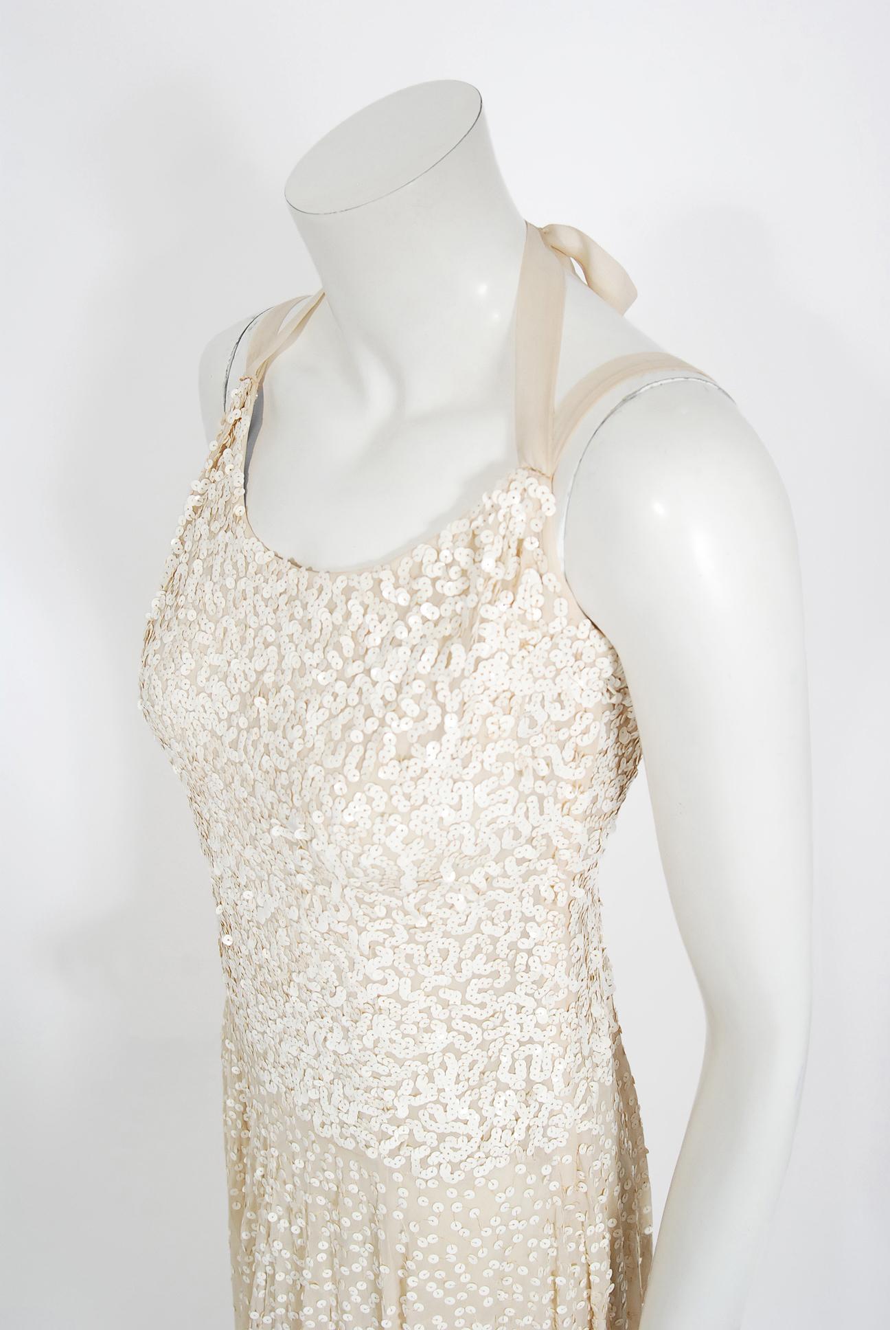 Beige Vintage 1940's Harry Cooper of Hollywood Ivory Sequin Chiffon Halter Bridal Gown For Sale