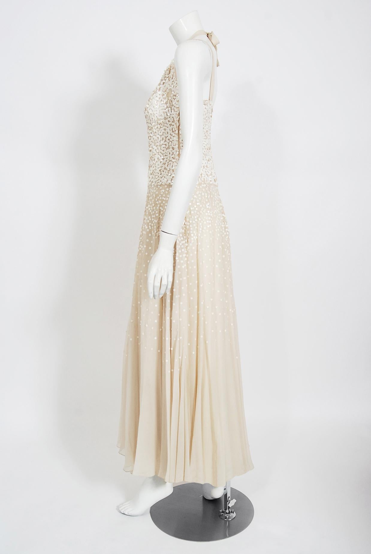 Women's Vintage 1940's Harry Cooper of Hollywood Ivory Sequin Chiffon Halter Bridal Gown For Sale