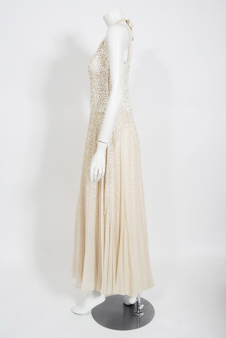 Vintage 1940's Harry Cooper of Hollywood Ivory Sequin Chiffon Halter Bridal Gown For Sale 3