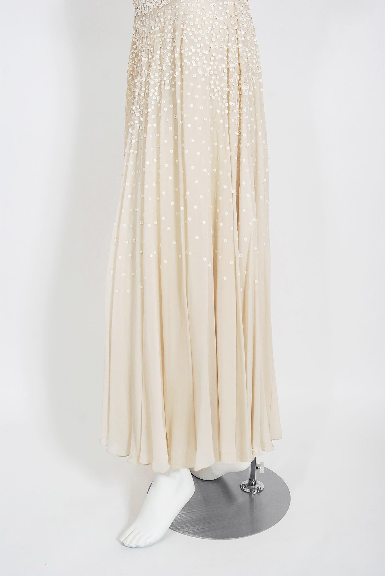 Vintage 1940's Harry Cooper of Hollywood Ivory Sequin Chiffon Halter Bridal Gown For Sale 1