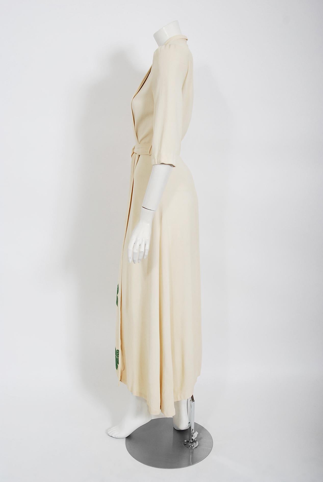 Vintage 1940's Hawaiian Green Leaf Print Ivory Crepe Maxi Belted Wrap Dress Gown In Good Condition In Beverly Hills, CA